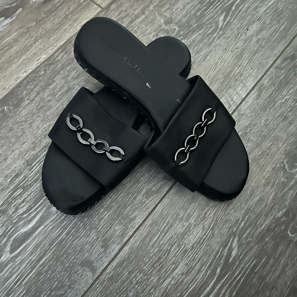 Karl Lagarfeld Black Slide Sandals with Chain Detail size 7.5 never worn